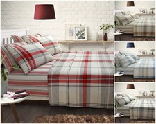 100% Pure Brushed Cotton Tartan Check Fitted Flat Sheet Pillowcase Set Blue Grey