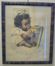 Old Original Framed Print African American Baby Girl Washboard Blues