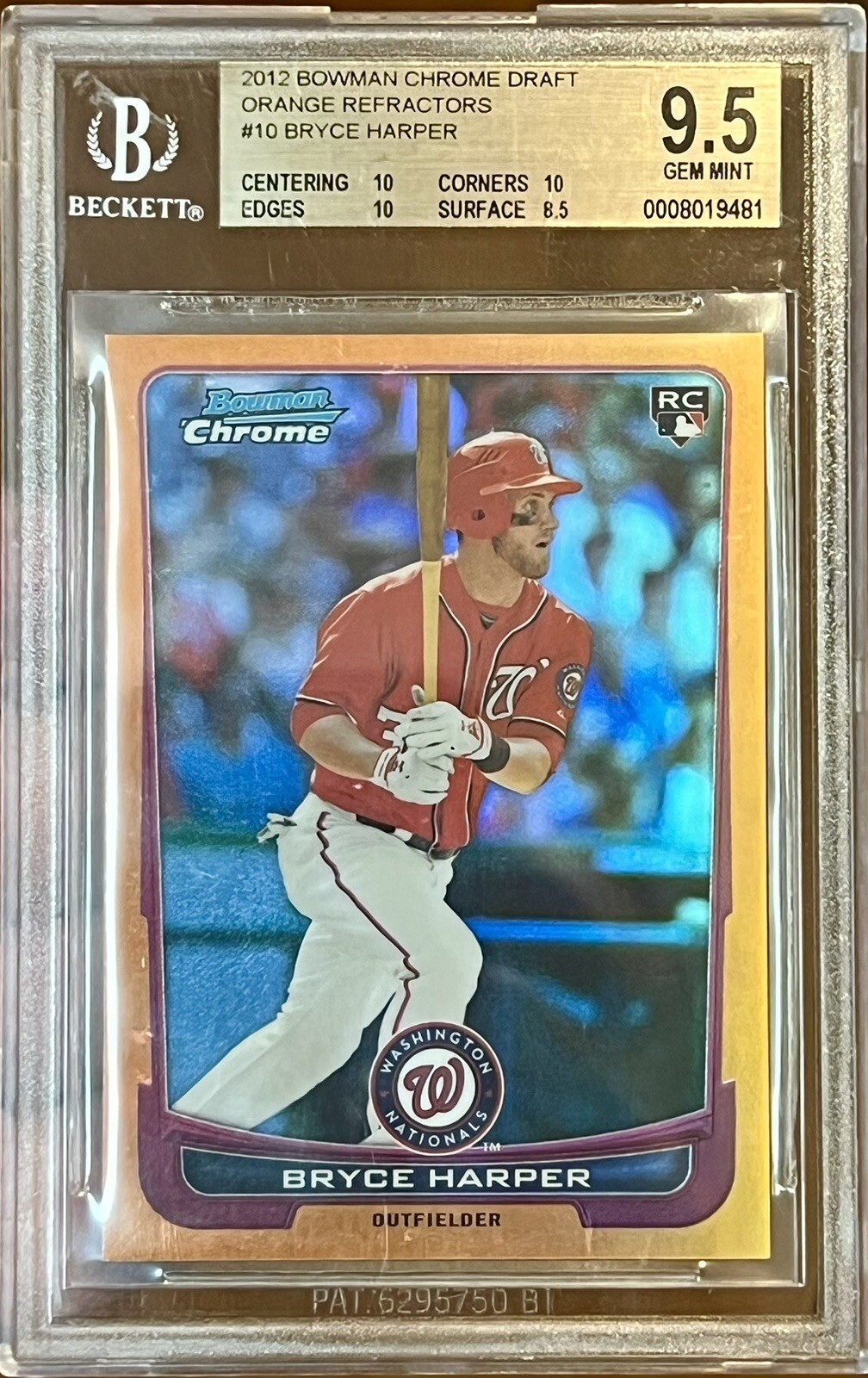 BGS 9.5 BRYCE HARPER 2012 Bowman Chrome Draft #10 Orange Refractor RC #’d /25