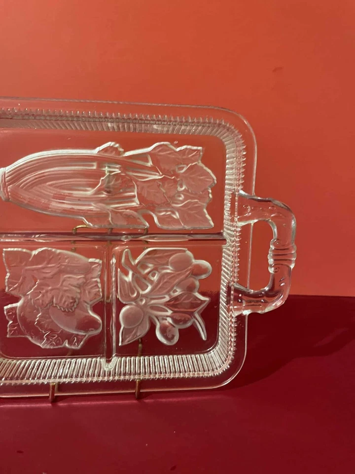 Art Deco Style Divided Dish Clear Frosted Glass Vintage with handles - Image 4 of 4