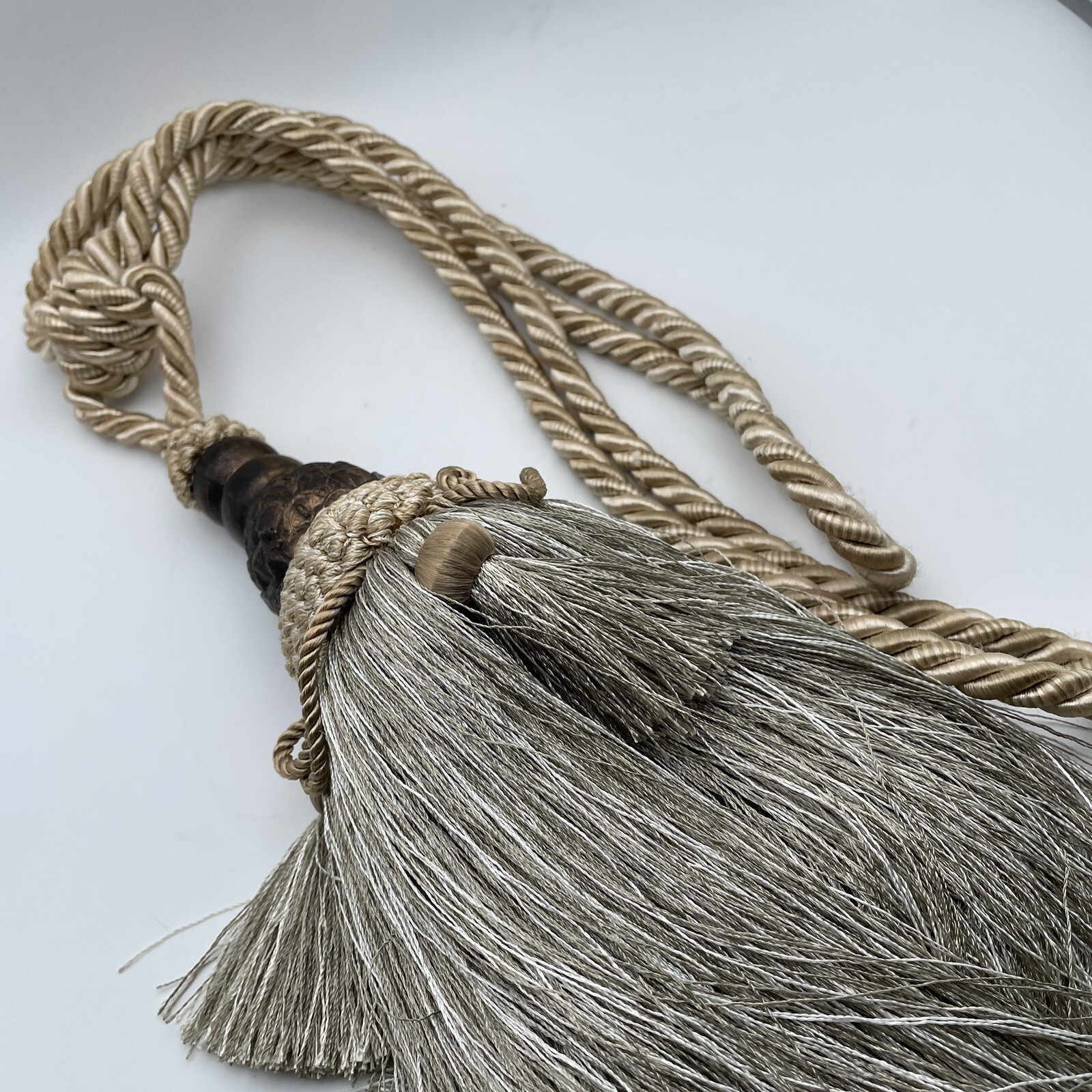 Large 10" Tassel Curtain Drapery Tieback Taupe Gold Brown Ornate Corded Rope