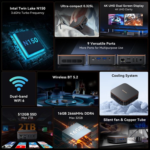 Blackview MP20 Mini PC Intel N150 16GB+512GB SSD Mini Computer Max 3.6GHz WIFI 6 - Picture 5 of 10