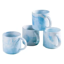 12Oz Blue Marble Ceramics Coffee Mug Set of 4, Drinking Cups Set, Stackable Latt