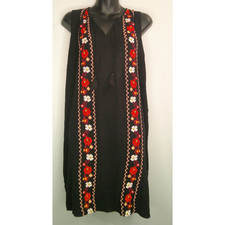 Old Navy Black Sleeveless XXL Embroidered Floral Shift Dress Tassels Boho Aztec