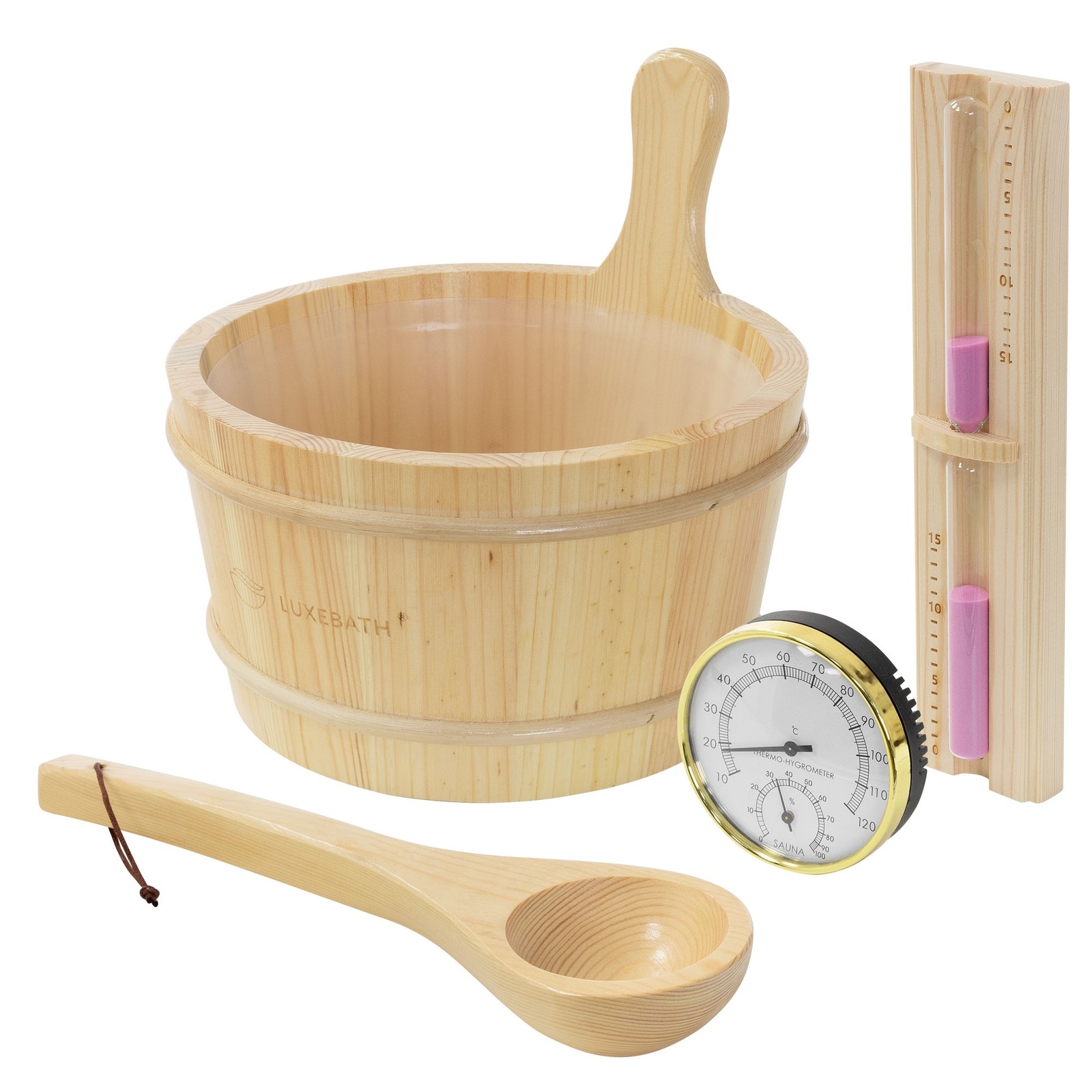 Set 4 piezas para sauna de madera de pino termohigrómetro, cubo, cuchara y reloj