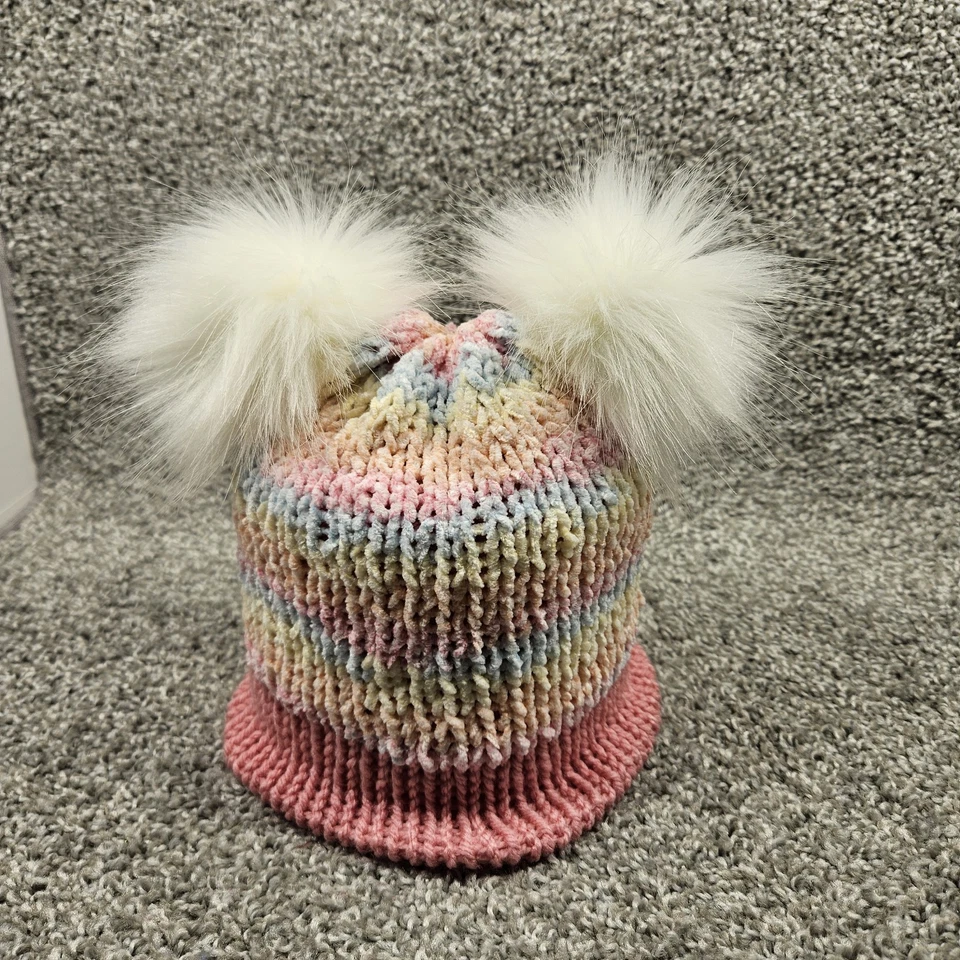 Gorro tejido hecho a mano toque tobogán 6-12 meses pastel/rosa cálido suave 2 pompones Foto 4 de 4