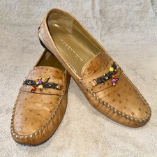 Robert Zur Women’s 9.5M Ostrich Leather Beaded Loafers Driving Mocs Tan Gold