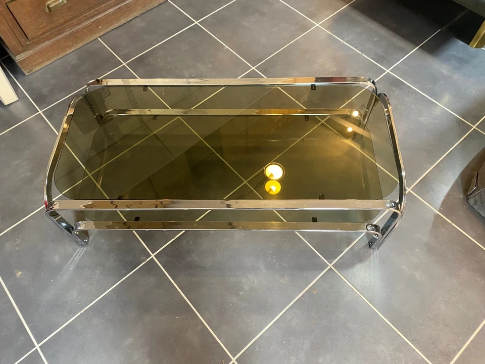 Table basse double plateau verre chrome style Bauhaus vintage 1970 - Photo 2/4