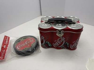 2000 Coca Cola Collectable 6 Pack Tin Storage Container & NIP 4 Plastic Coasters