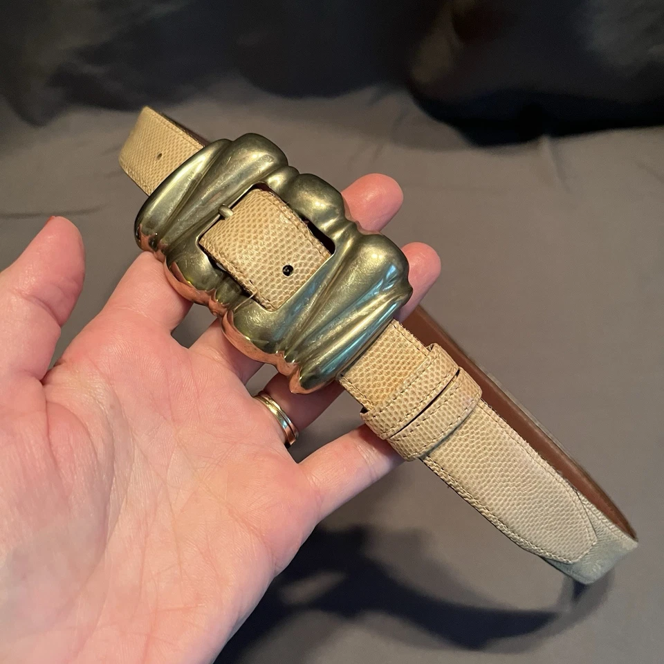 Cinturón con hebilla plateada vintage años 80 Jeff Deegan Designs color tostado y crema para mujer’s S Foto 2 de 4