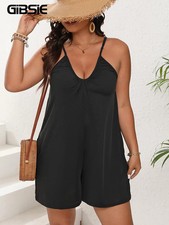 Stunning Plus Size Deep V-Neck Cami Romper with Pockets XL-3XL   Black