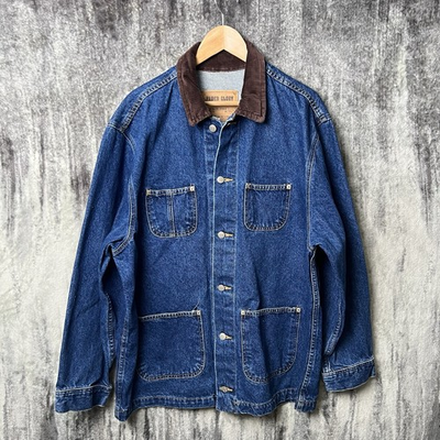 #ad Vintage Faded Glory Mens XL Blue Denim Corduroy Collar Chore Workwear Jacket $39.99