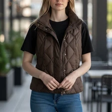 Eddie Bauer Goose Down Puffer Vest Jacket Womens Sz S Brown Quilted Full Zip-Up