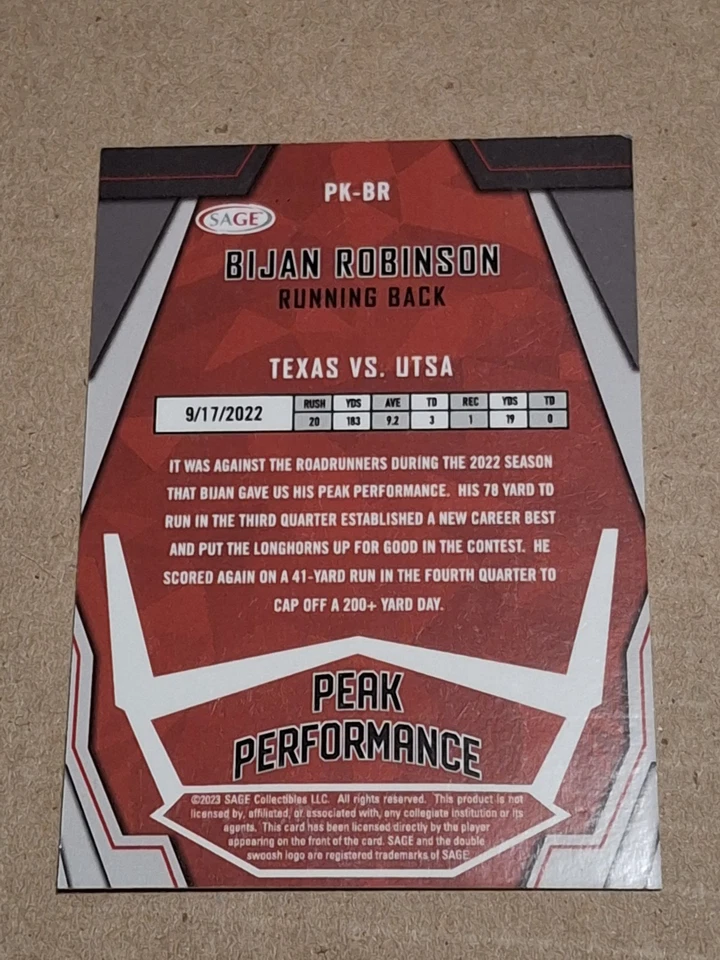 2023 BIJAN ROBINSON SAGE PEAK PERFORMANCE PURPLE NFL ROOKIE CARD RC #PK-BR TEXAS - Image 2 of 3