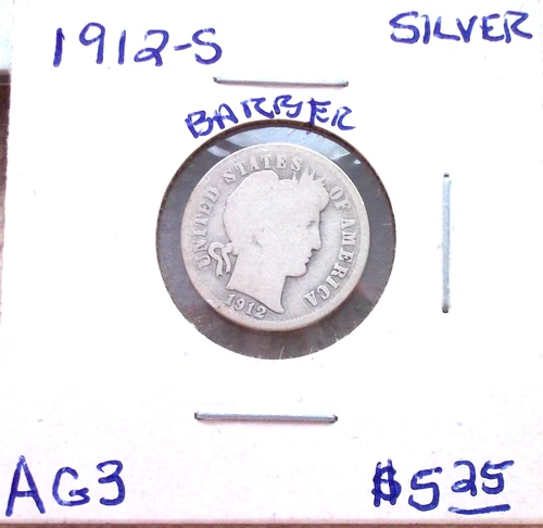 1912 SAN FRANCISCO BARBER SILVER DIME IN ABOUT GOOD CONDITION