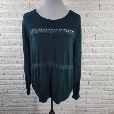 Knox Rose Womens XL Green Long Sleeve Blouse Crochet Trim Super Soft Stretch Top