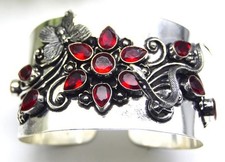 925 Sterling Silver Red Garnet Gemstone Handmade Jewelry Cuff Bracelet -ADJ"