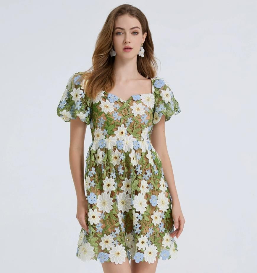 Women's Green Purple Floral Embroidery Party Fashion Short Dress High Waist Sexy