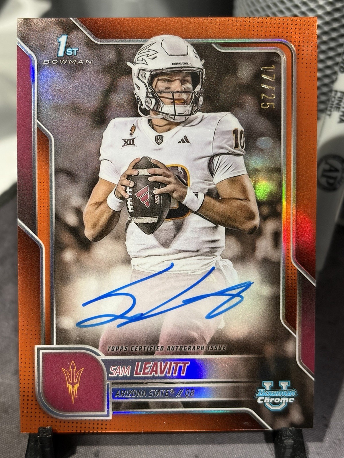 2025 Bowman Chrome U Sam Leavitt Orange Auto /25 1st Bowman On Card Auto #BCA-SL