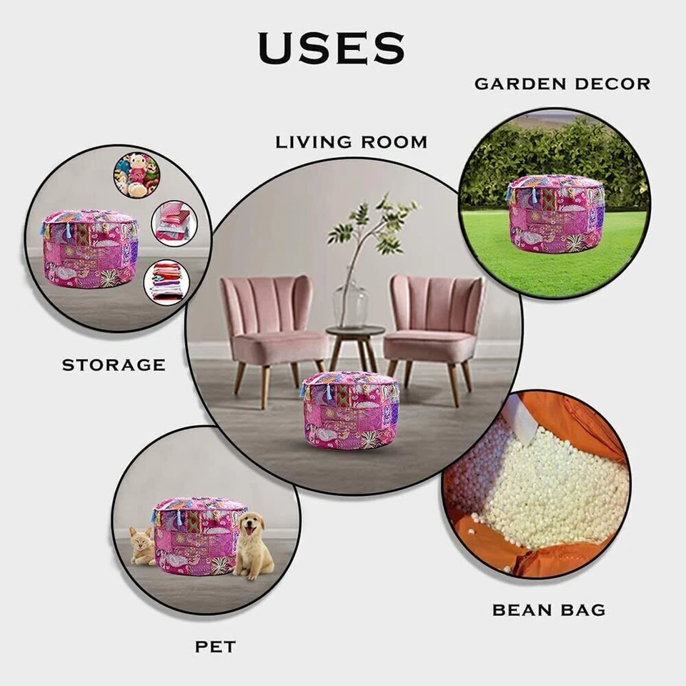 Footrest Pouffe Handmade Moroccan Pouf Leather Ottoman Poufe Patch Work Handmade - Image 3 of 4