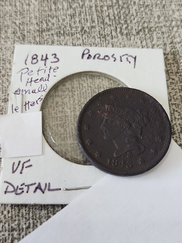 1843 Braided Hair Large Cent VF Detail Porosity Petite Head Small Letters