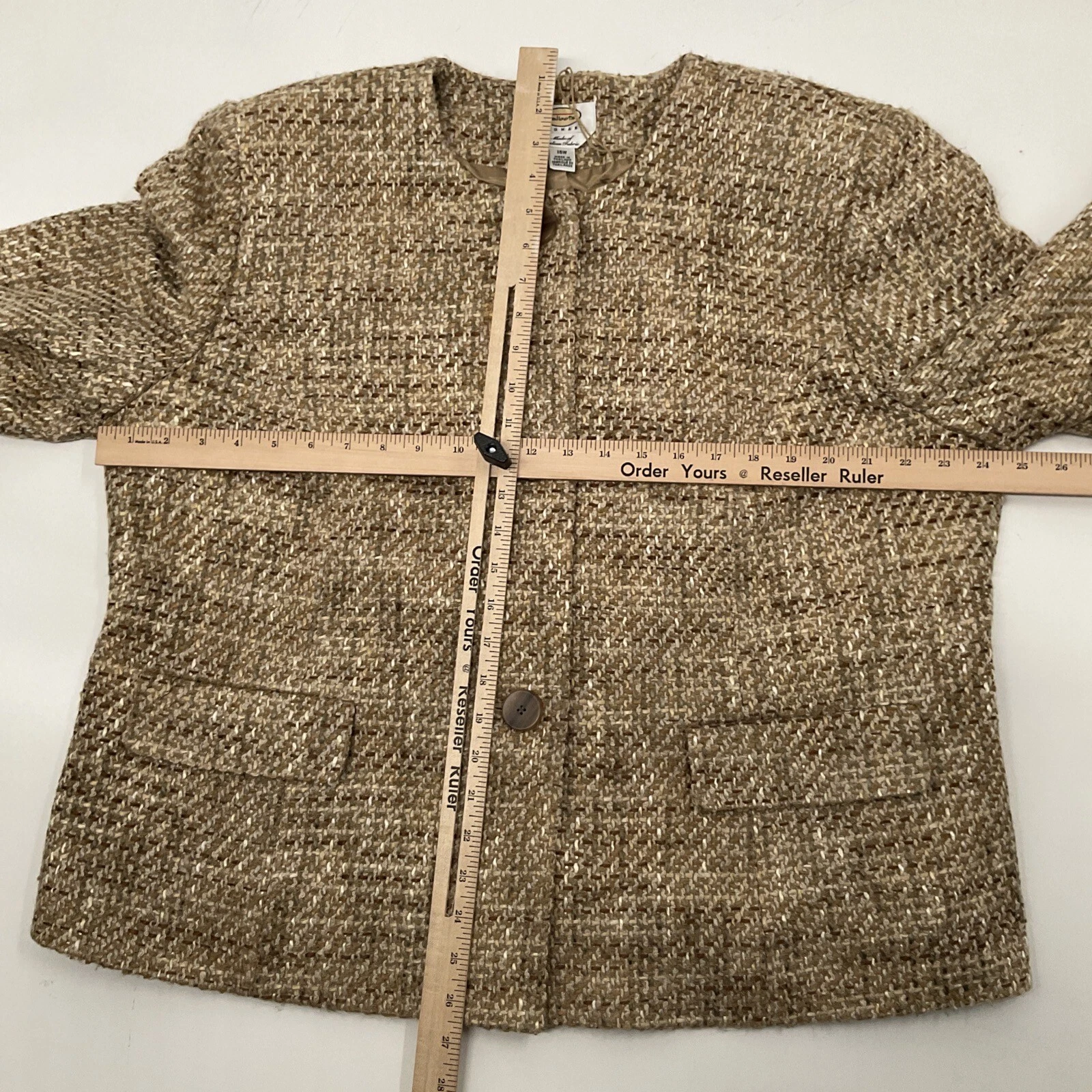 CHANEL Giacca tweed Talbots cappotto senza colletto donna 16W tessuto italiano con sciarpa combinata