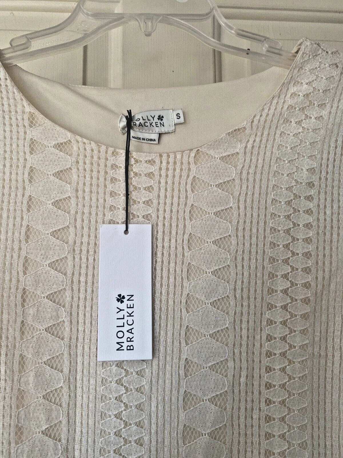 OFF WHITE Molly Bracken abito pizzo tubino piccolo tubino bianco sporco midi manica 3 4 DIFETTO LASER