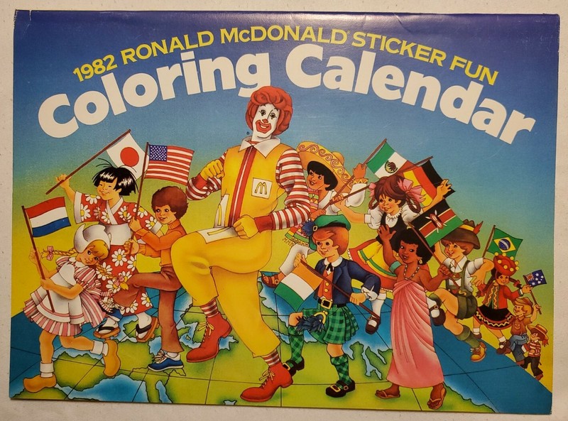 1982 RONALD McDONALD STICKER FUN COLORING CALENDAR: GRIMACE, MAYOR McCHEESE