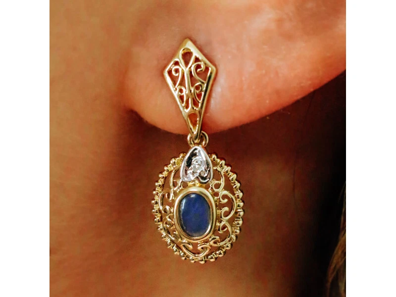 14K YELLOW GOLD MOONSTONE & DIAMONDS EARRINGS - Image 2 of 4