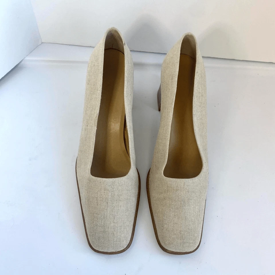 Zapatos de salón Nine West beige tostado lino como tela punta cuadrada madera bloque tacón mujer Foto 2 de 4