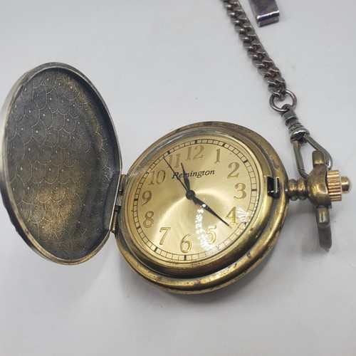 Remington Men's Pocket Watch With Chain Vintage Fisher Men Two Tone Case - Picture 4 of 10
