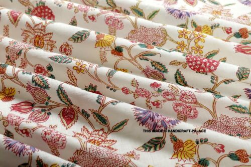 Indian Hand Block Print Floral 100% Cotton Women Dress Craft Fabric 5 Yard White - Afbeelding 1 van 4