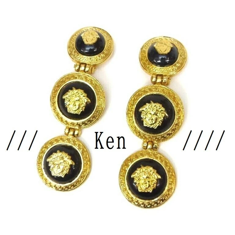 VERSACE GIANNI VERSACE Earrings AUTH 3 MEDUSA Vintage Rare Swing Black Gold F/S