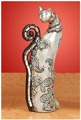 Decorated Cat Figurine, Sitting Looking Back, Silver Color 6 inches