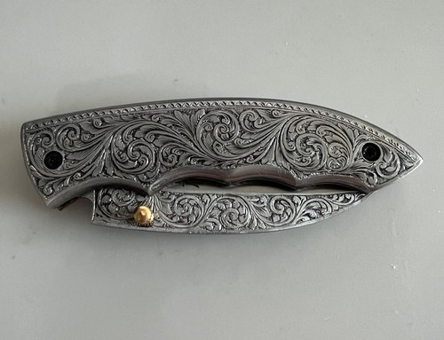 NEW HK Custom Stainless Steel/Brass Folding Pocket Knife - Hand Engraved - Picture 7 of 8
