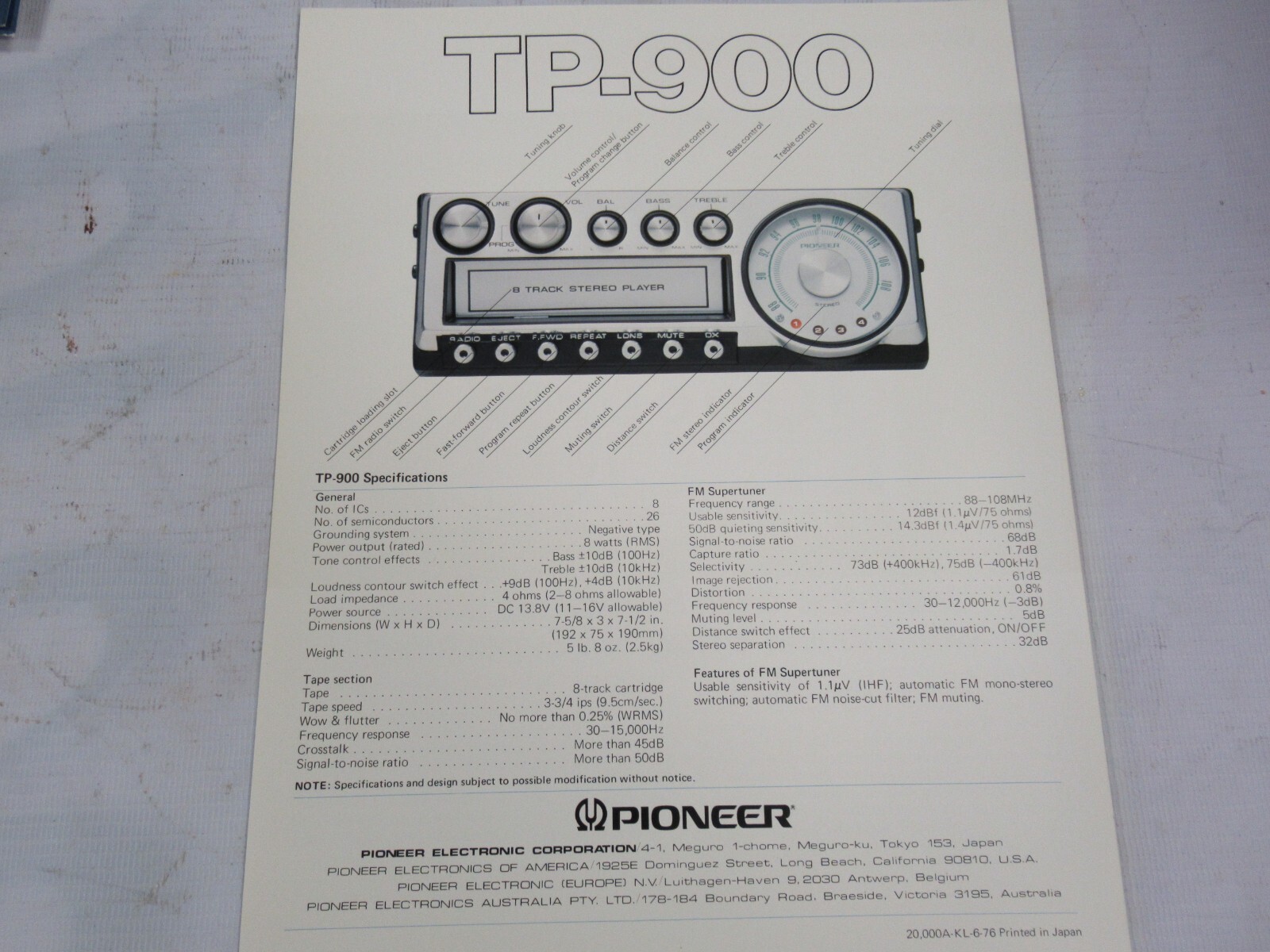 Pioneer TP-900 Vintage Car 8 track Original Catalogue / brochure Japan Printed
