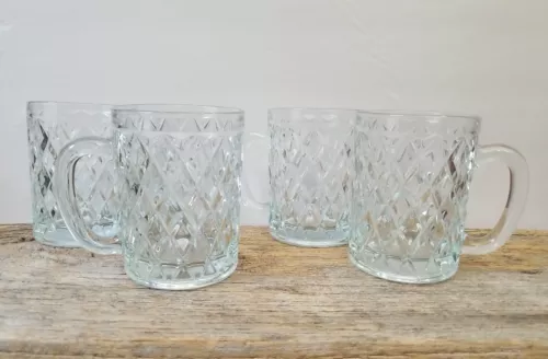 Paul Sebastian Mug Crystal Arcoroc Diamond Crisscross Coffee Tea Clear Set Of 4