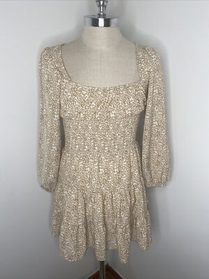 Princess Polly Dress US 4 EU 36 UK 8 White Tan Floral Tiered Midi Long  Sleeve | eBay