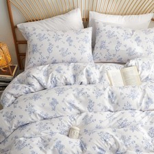 Blue Floral Duvet Cover Queen White Floral Bedding Set 3 Pieces Soft Breathable