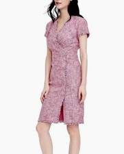 Banana Republic Cotton Blend  Pink White Tweed Fringe Faux Wrap Dress Sz 4P