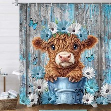 Rustic Farmhouse Floral Teal Daisy Shower Curtain with Butterfly Decor