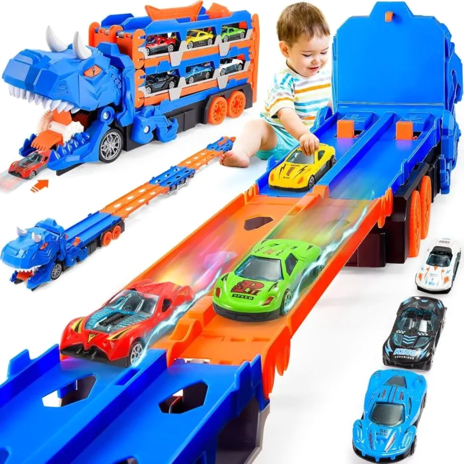 Camion Dinosaure Transporteur avec Piste de 150cm et 6 Voitures pour Enfant de 2 à 6 Ans