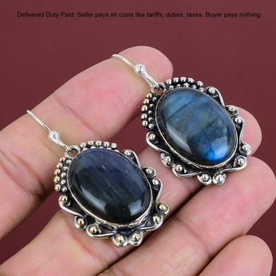 Oval Labradorite Stone Sterling Silver Art Deco Dangle Birthday Earrings Jewelry