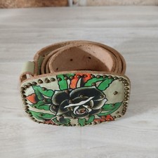 Vintage Ed Hardy Studded Leather Belt Black Rose Buckle Small Handmade EH3007W