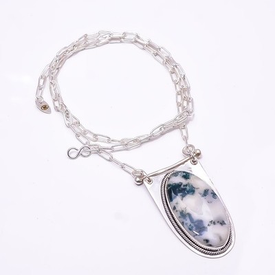 Moss Agate -India 925 Sterling Silver Chain Pendant 19-23'' C50, Christmas Gift