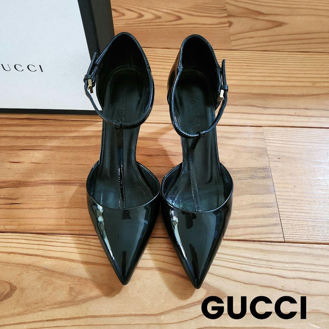 Rare GUCCI Black Patent Leather High Heel T-Strap Pumps Sz 34.5