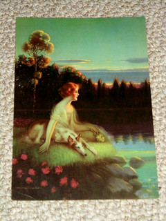 1930s Calendar Art Deco Print Untitled WARDE TRAVER Pretty Redhead with Dog