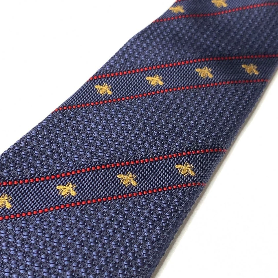 Gucci Neck Tie Skinny Navy Striped Bee 100%Silk Italy unused mint gift F/S - Image 4 of 4