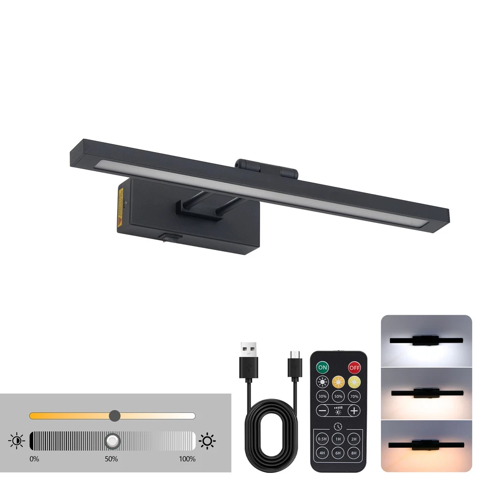 16" Black Picture Light Battery Operated Sconce 3CCT Dimmable Wall Lamp w Remote - Image 2 of 4