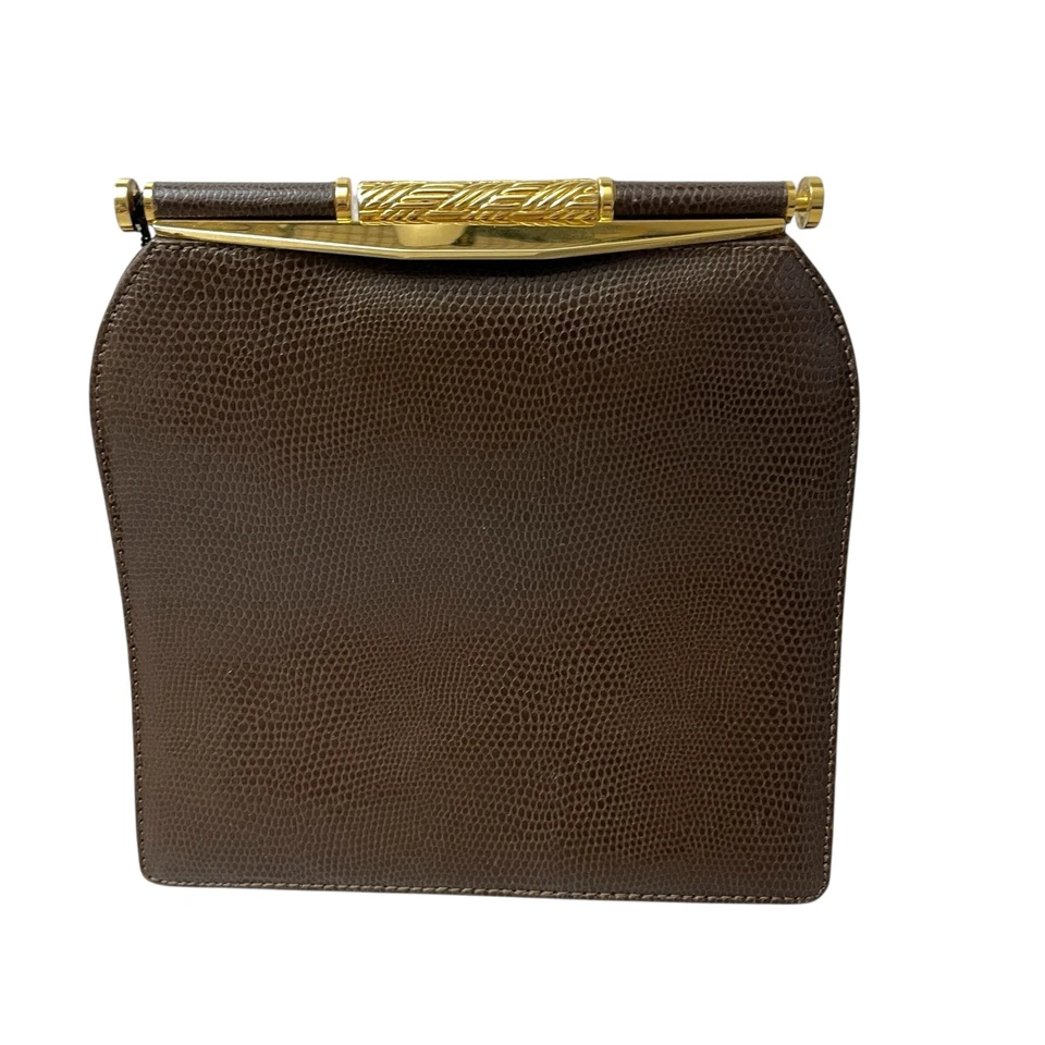 Vtg RODO Italy Leather Frame Handbag Clutch Brown Goldtone Embossed Lined - Image 2 of 4